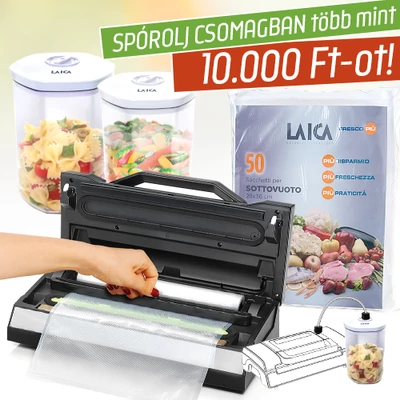 LAICA vákuumozó-marináló szett (vákuumos fóliahegesztő gép+50 db tasak+vákuumozható henger)